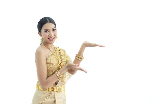 Beautiful Thai women wearing traditional Thai clothes that have a unique Thai culture. Happy asian woman with blank copyspace, isolated on white background