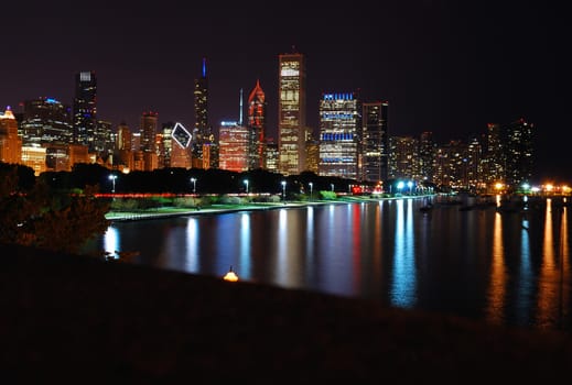 Chicago night skyline across Lake Michigan.