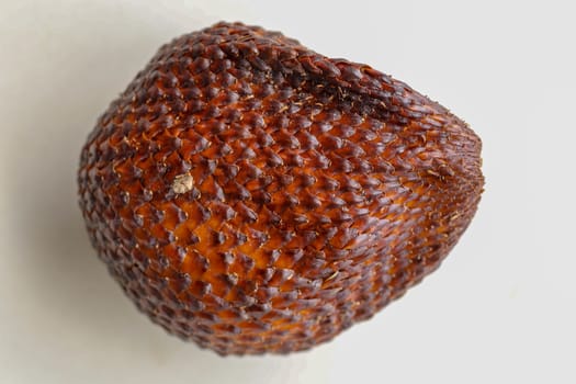 Close up of single piece of Snake fruit. Top view of single healthy fruit. Salak pondoh is one of the salak cultivars that mostly grows in area of Bali. Macro photo of Sweet Salacca zalacca.