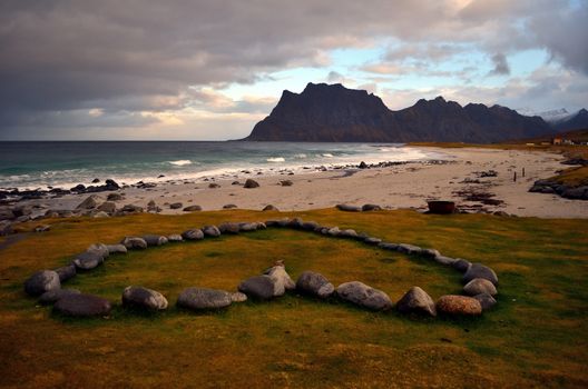 Cloudy day on Uttakleiv Beach in Northern Norway