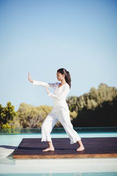 Calm brunette doing yoga by the pool