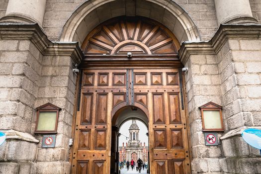 Dublin, Ireland - February 11, 2019: Trinity College architecture detail in downtown on a winter day