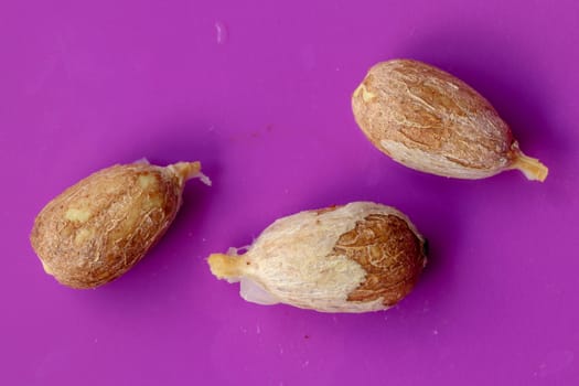 A few pieces of seed fresh red rambutan isolated on purple background. Top view of a seed of Nephelium lappaceum fruit. Rambutan seeds close-up macro, isolated.