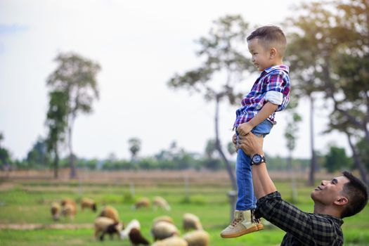 Father, let the children stand on the flow, lift their hands in the sky. See the sheep on their farm and point their hands toward the sheep happily.