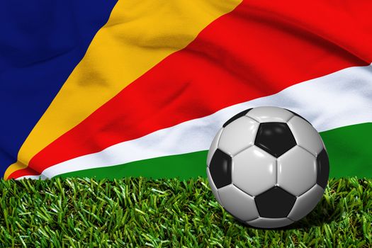 3D rendered soccer ball in grass field with Seychelles flag as Background