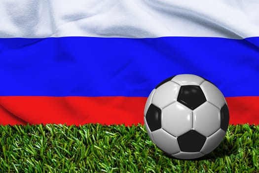3D rendered soccer ball in grass field with Russia flag as Background