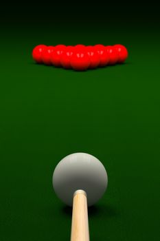 3D rendering of cue aiming cue ball or white ball on snooker table.