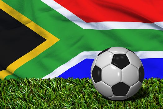3D rendered soccer ball in grass field with South Africa flag as Background
