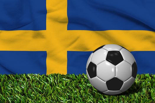 3D rendered soccer ball in grass field with Sweden flag as Background