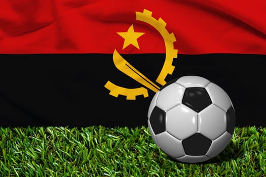 3D rendered soccer ball in grass field with Republic of Angola flag as Background