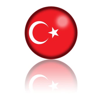 3D sphere or badge of Turkey flag with reflection at bottom.