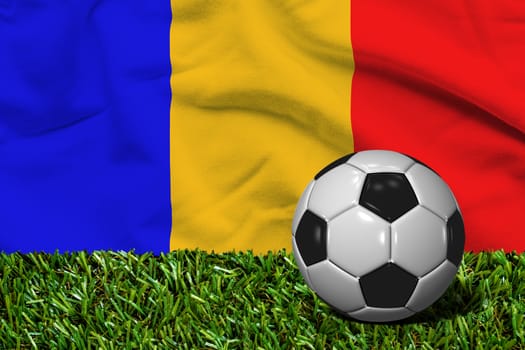 3D rendered soccer ball in grass field with Romania flag as Background