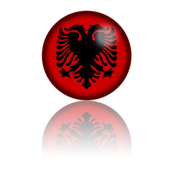3D sphere or badge of Albania flag with reflection at bottom.