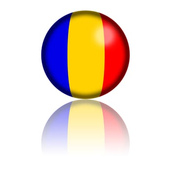 3D sphere or badge of Romania flag with reflection at bottom.