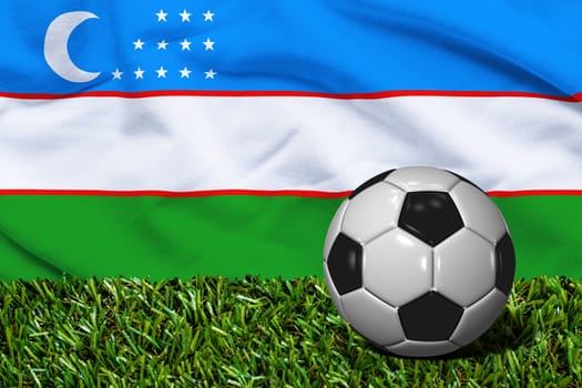 3D rendered soccer ball in grass field with Uzbekistan flag as Background