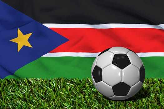 3D rendered soccer ball in grass field with South Sudan flag as Background