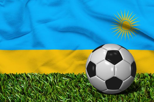 3D rendered soccer ball in grass field with Rwanda flag as Background