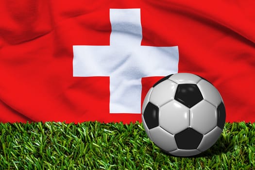 3D rendered soccer ball in grass field with Switzerland flag as Background