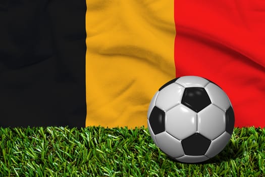 3D rendered soccer ball in grass field with Belgium flag as Background