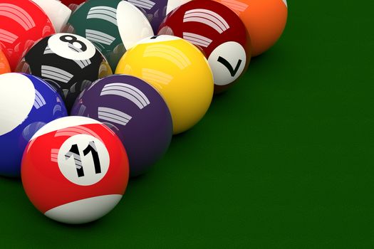 3D rendering of pool balls on pool table background.