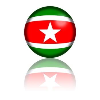 3D sphere or badge of Suriname flag with reflection at bottom.