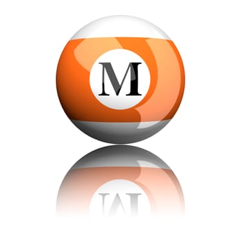 3D rendering sphere alphabet letter M isolated on white.