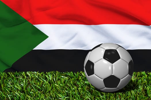 3D rendered soccer ball in grass field with Sudan flag as Background