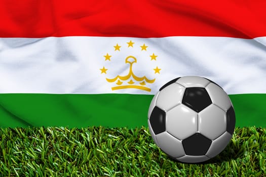 3D rendered soccer ball in grass field with Tajikistan flag as Background