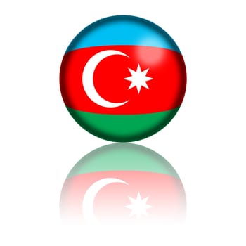 3D sphere or badge of Azerbaijan flag with reflection at bottom.