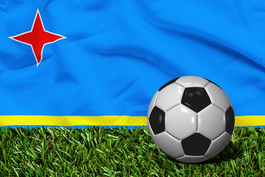 3D rendered soccer ball in grass field with Aruba flag as Background