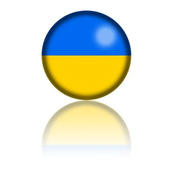 3D sphere or badge of Ukraine flag with reflection at bottom.