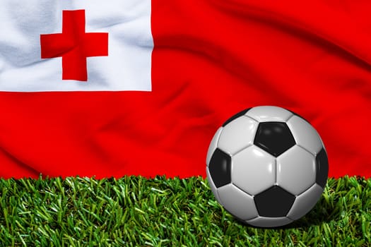 3D rendered soccer ball in grass field with Tonga flag as Background