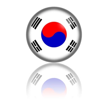 3D sphere or badge of South Korea flag with reflection at bottom.