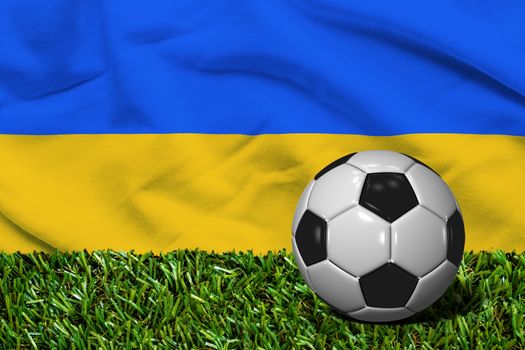3D rendered soccer ball in grass field with Ukraine flag as Background