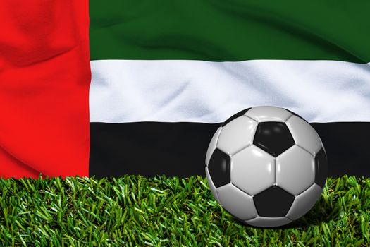 3D rendered soccer ball in grass field with UAE flag as Background