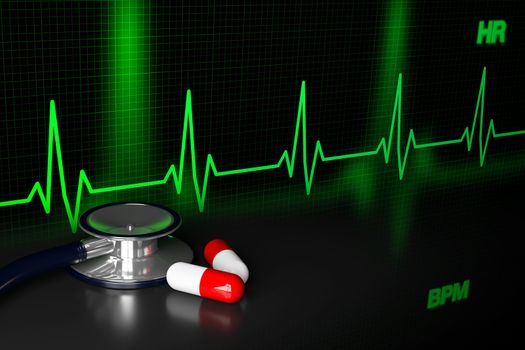 3D rendering of stethoscope and pill capsule.