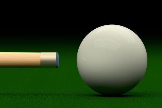 3D rendering of cue aiming white ball or cue ball.
