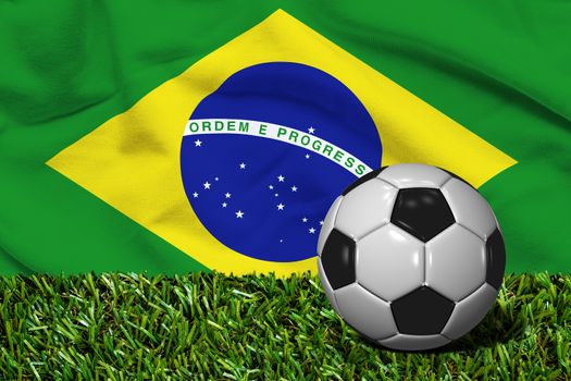 3D rendered soccer ball in grass field with Brazil flag as Background
