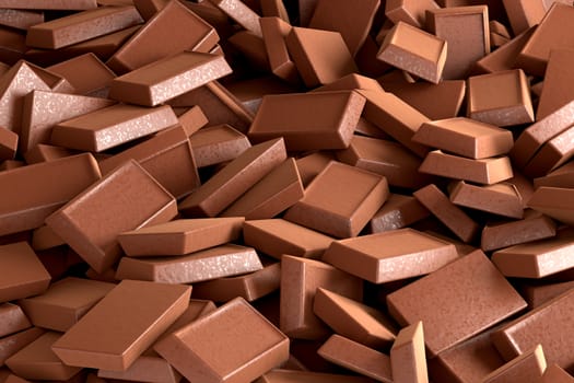 3D rendering pile of chocolate pieces as background.