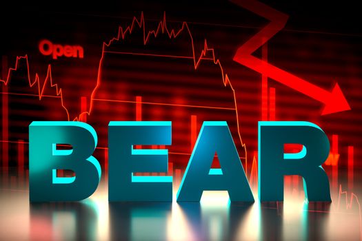 3D rendering of bear word with bearish stock market chart.