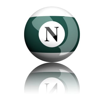 3D rendering sphere alphabet letter N isolated on white.