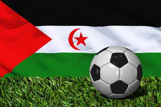 3D rendered soccer ball in grass field with Western Sahara flag as Background