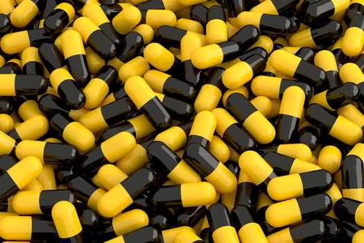 3D rendering of pill capsule pile background.