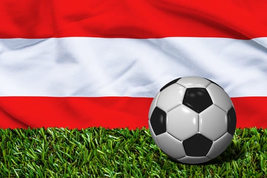 3D rendered soccer ball in grass field with Austria flag as Background