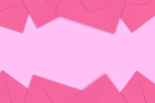 3D rendering of blank pink envelopes on pink background.