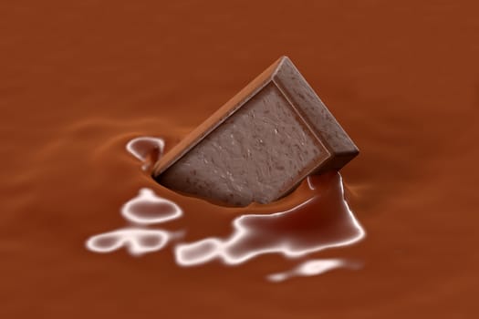 3D rendering of chocolate bar falling into chocolate milk
