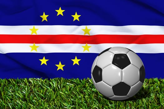 3D rendered soccer ball in grass field with Cape Verde flag as Background