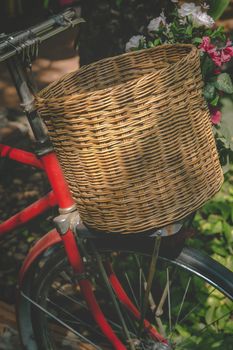 Retro styled bicycle parked in outdoor garden.