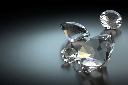 3D rendering group of diamonds laying on black background.