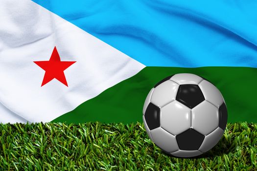 3D rendered soccer ball in grass field with Djibouti flag as Background